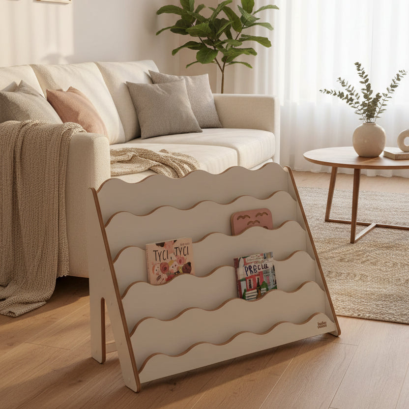 Bücherregal "WAVE" aus Holz, versch. Größen mit Wellenlinien, ideal für Kinderzimmer.