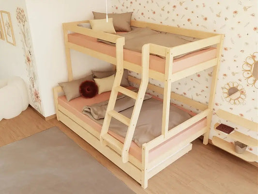 Houten stapelbed NIKA met ladder vooraan voor 3 personen, diverse kleuren & accessoires
