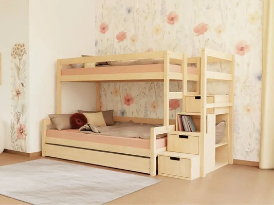 Houten stapelbed NIKA met opbergtreden voor 3 personen, diverse kleuren en accessoires