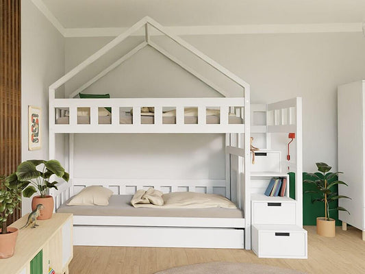 Houten huis stapelbed ELA met planktreden, div. kleuren & accessoires, 90 x 200 cm