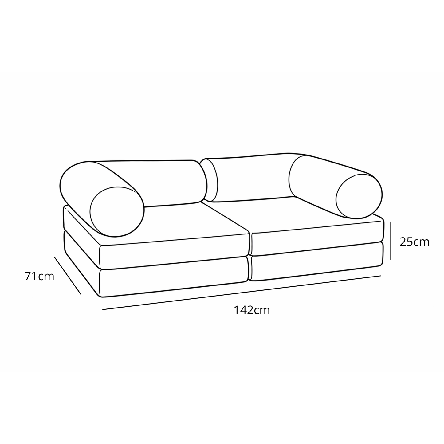 Maßzeichnung Kindersofa – 142 × 71 × 25 cm