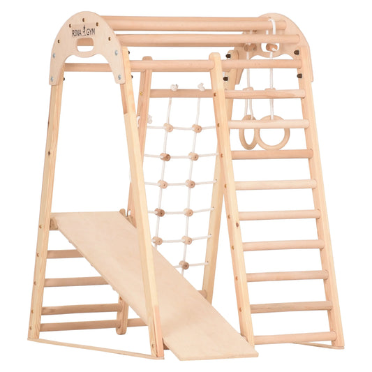 Binnenspeeltuin van hout - klimnet, Zweedse ladder, ringen, glijbaan