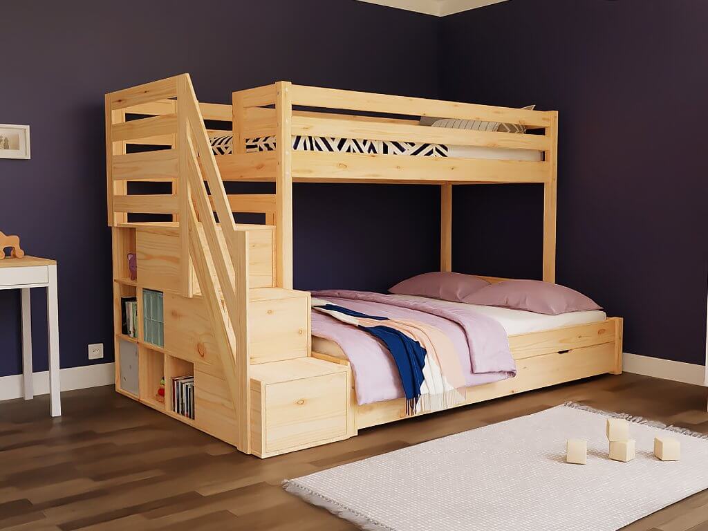 Holz Etagenbett HANNES für 3 Personen mit Stufenregal, versch. Farben im modernen Kinderzimmer