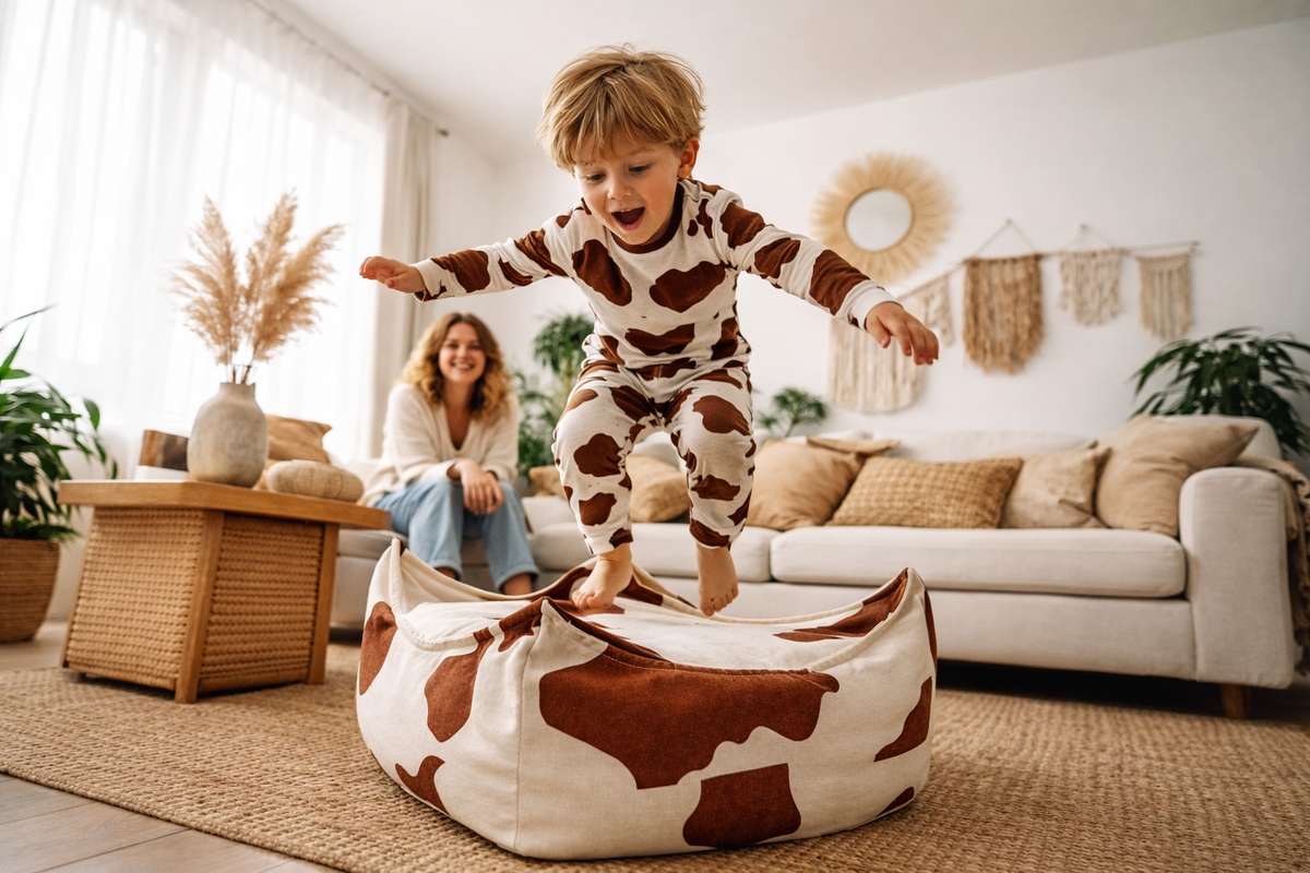Quadratischer Sitzsack Kuh für Kinder im Kinderzimmer