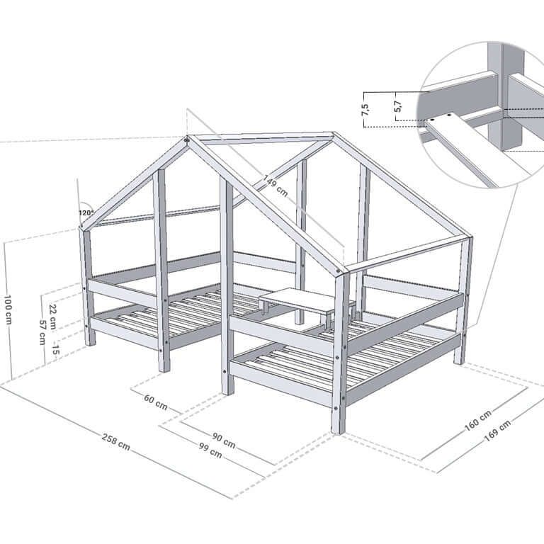 Hausbett TWIN für Zwillinge, versch. Maße & Farben - technische Zeichnung des Bettes mit Maßen.