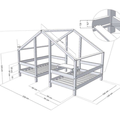 Hausbett TWIN für Zwillinge, versch. Maße & Farben - technische Zeichnung des Bettes mit Maßen.