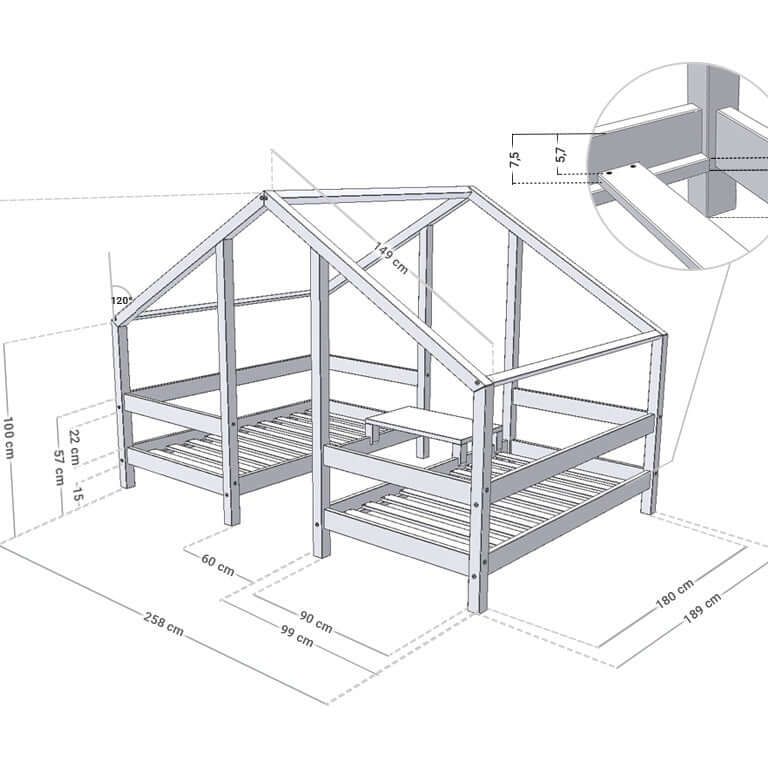 Hausbett TWIN für Zwillinge, versch. Maße & Farben – technische Zeichnung des Bettes.