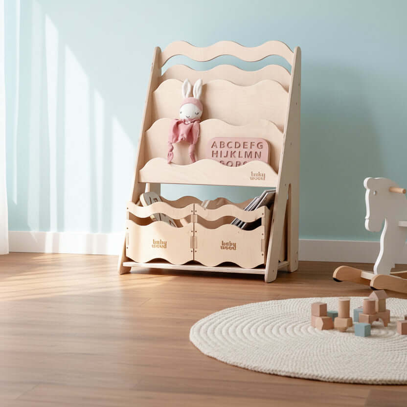 Houten boekenplank en speelgoedplank "WAVE", verschillende maten