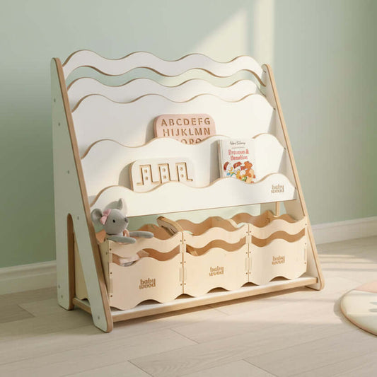 Houten boekenplank en speelgoedplank "WAVE", verschillende maten