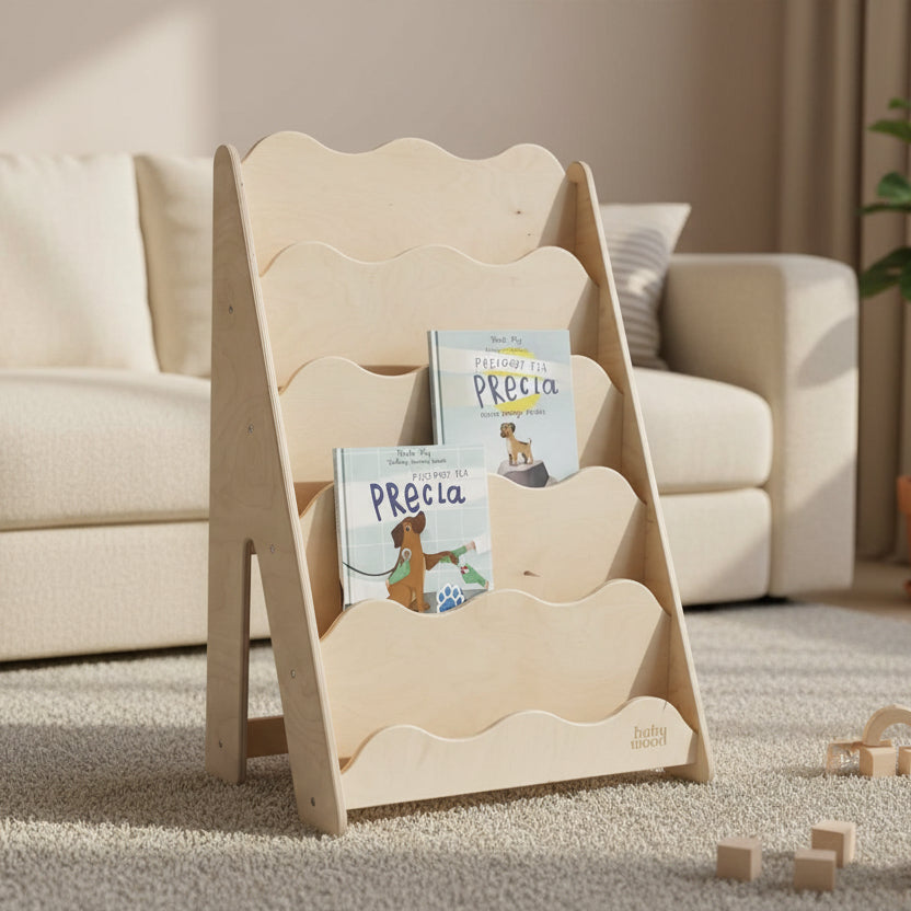 Bücherregal "WAVE" aus Holz, versch. Größen mit Kinderbüchern im Regal, ideal für das Kinderzimmer.