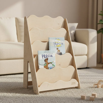 Bücherregal "WAVE" aus Holz, versch. Größen mit Kinderbüchern im Regal, ideal für das Kinderzimmer.