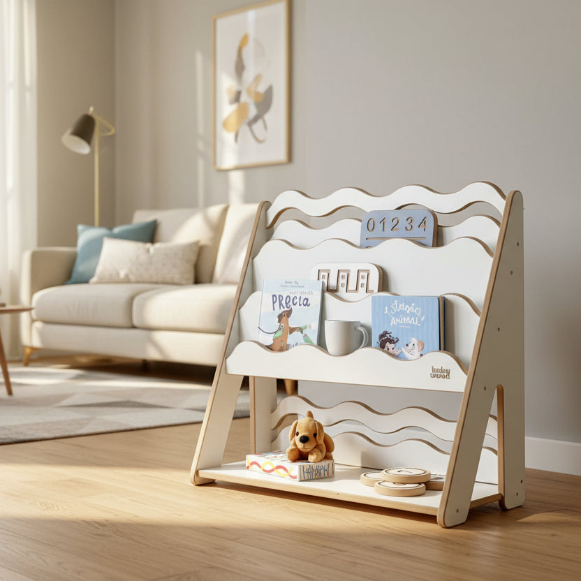 Bücher- und Spielzeugregal "WAVE" aus Holz, versch. Größen mit bunten Kinderbüchern und Spielzeug.