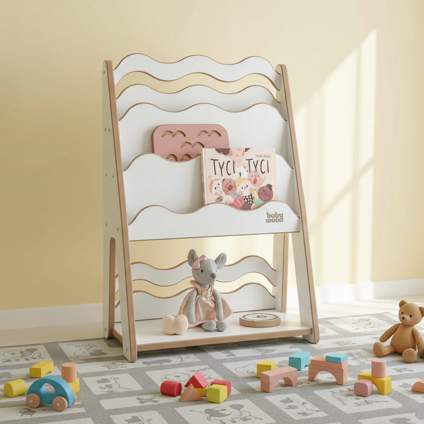 Bücher- und Spielzeugregal "WAVE" aus Holz, versch. Größen, ideal für Kinder zum Spielen und Lesen.