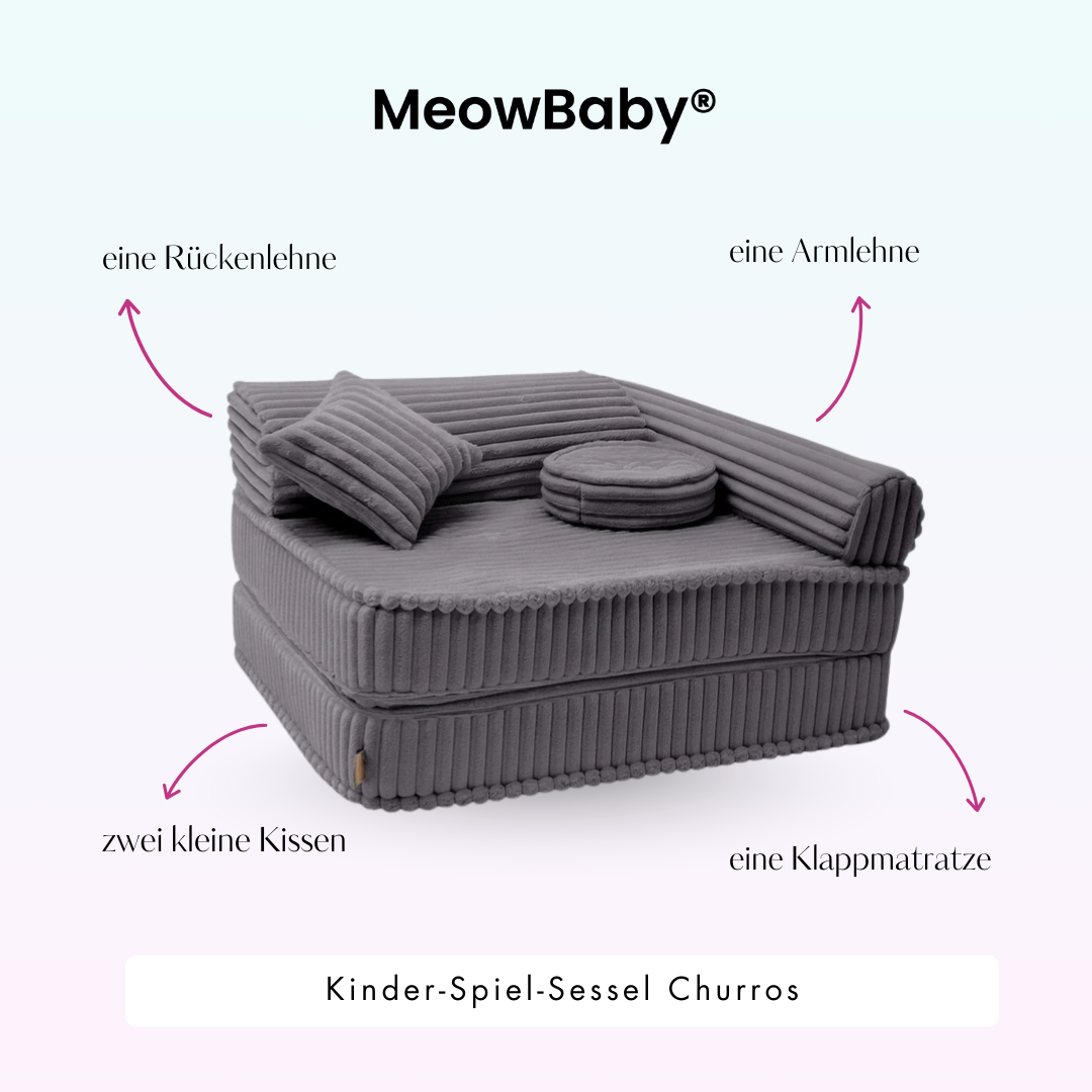 Kindersessel 3-in-1 Churros - Faltbare Kindercouch & Spielmatratze - Plüschcord Edition