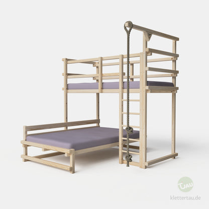 Etagenbett aus Holz über Eck