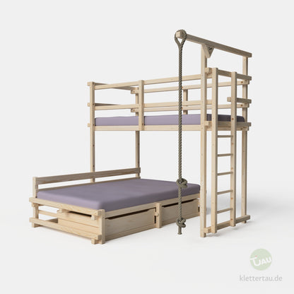 Etagenbett aus Holz über Eck