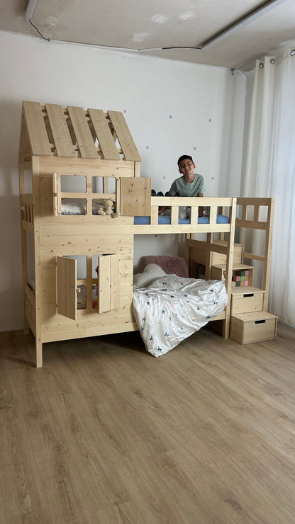 Houten stapelbed HOLIDAY met kort dak, 90x200 cm, diverse kleuren