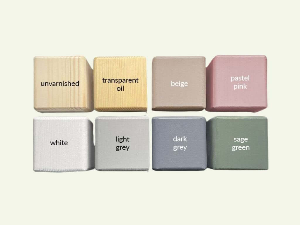 Farbauswahl für Hausbett ANNI mit unvernünftig, transparent oil, beige, pastel pink, white, light grey, dark grey, und sage green.