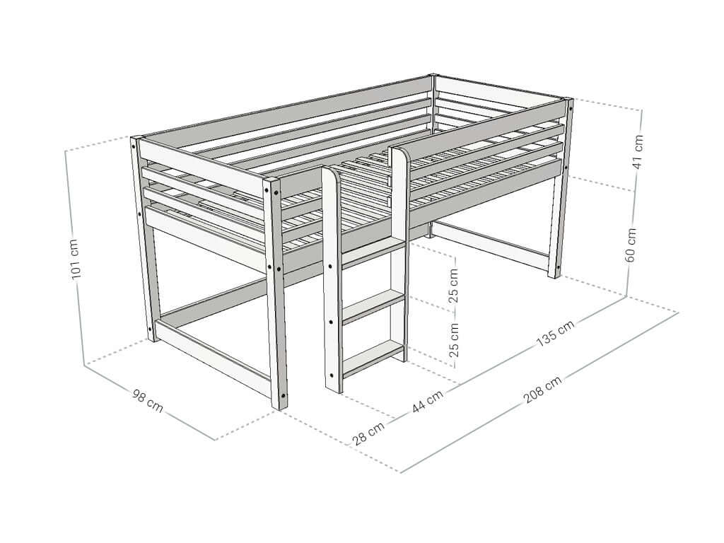 Hochbett LOFT für Kinder 90 x 200 cm mit Leiter, stabil und funktional für kreative Spielstunden.
