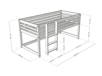 Hochbett LOFT für Kinder 90 x 200 cm mit Leiter, stabil und funktional für kreative Spielstunden.