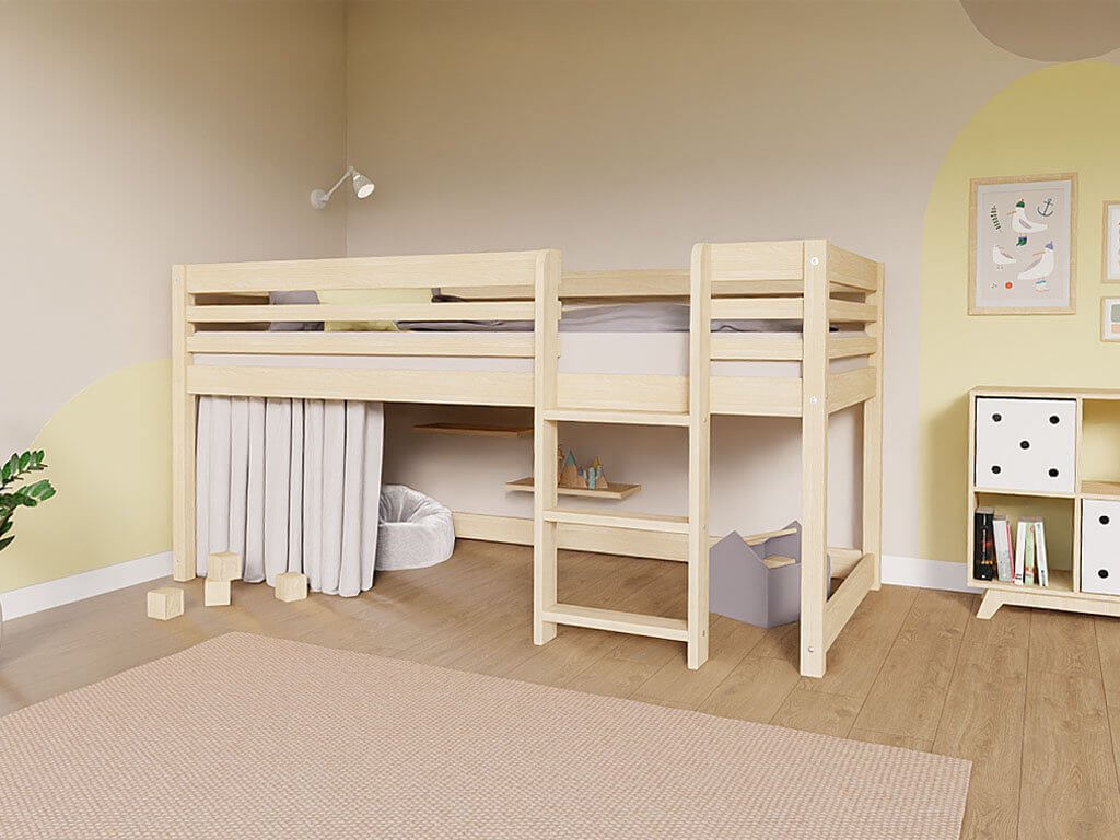 Hochbett LOFT für Kinder 90 x 200 cm mit Leiter, ideal für kreatives Spielen und entspannten Schlaf.