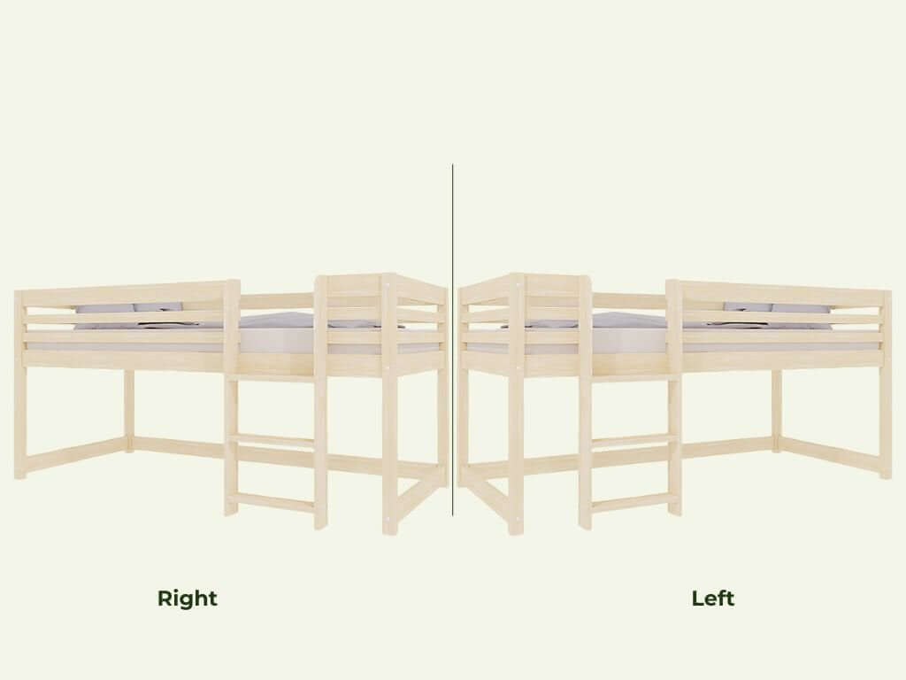 Hochbett LOFT für Kinder 90 x 200 cm von zwei Seiten, Blick auf die Leiter und hohe Rückenlehne.
