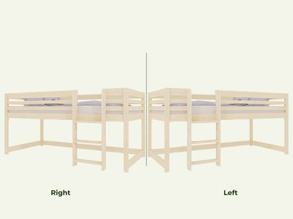 Hochbett LOFT für Kinder 90 x 200 cm von zwei Seiten, Blick auf die Leiter und hohe Rückenlehne.