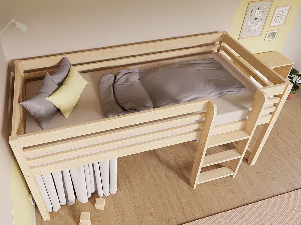 Hochbett LOFT für Kinder 90 x 200 cm mit Leiter, ideal für kreatives Spielen und gemütlichen Schlaf.
