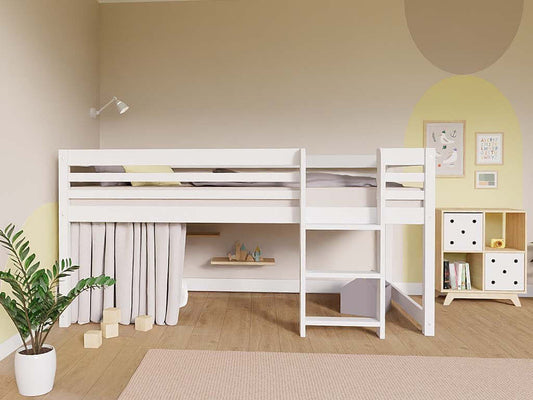 Hochbett LOFT für Kinder 90 x 200 cm mit Leiter in modernem Kinderzimmer-Design.
