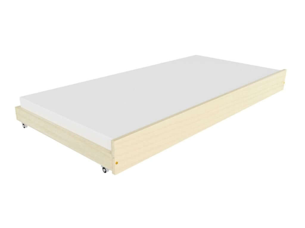 Uitschuifbed van hout op wieltjes