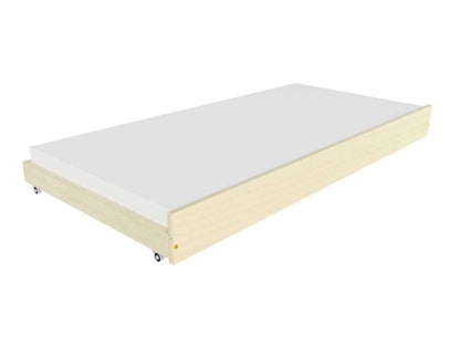 Uitschuifbed van hout op wieltjes