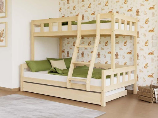 Houten stapelbed ELA met ladder vooraan voor 3 personen, diverse kleuren & accessoires