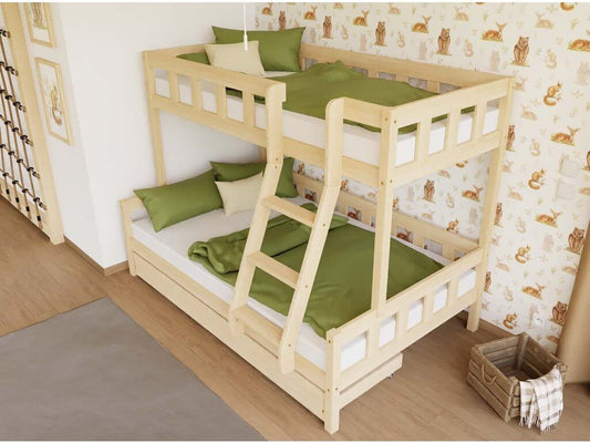 Houten stapelbed ELA met ladder vooraan voor 3 personen, diverse kleuren & accessoires
