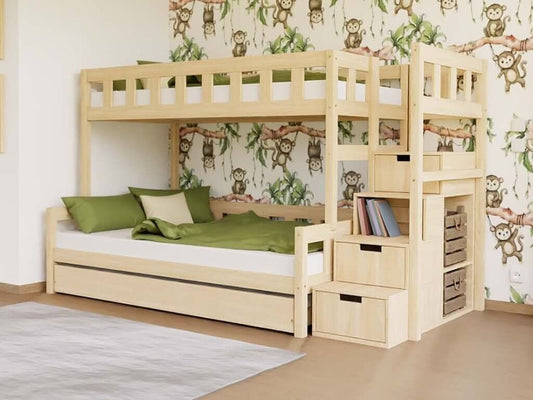 Houten stapelbed ELA met opbergtreden voor 3 personen, diverse kleuren & accessoires