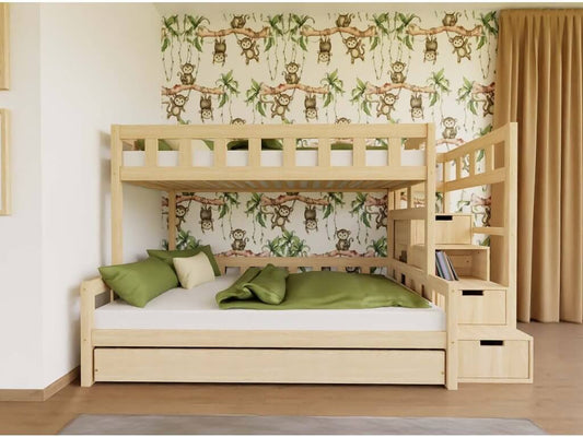 Houten stapelbed ELA met opbergtreden voor 3 personen, diverse kleuren & accessoires