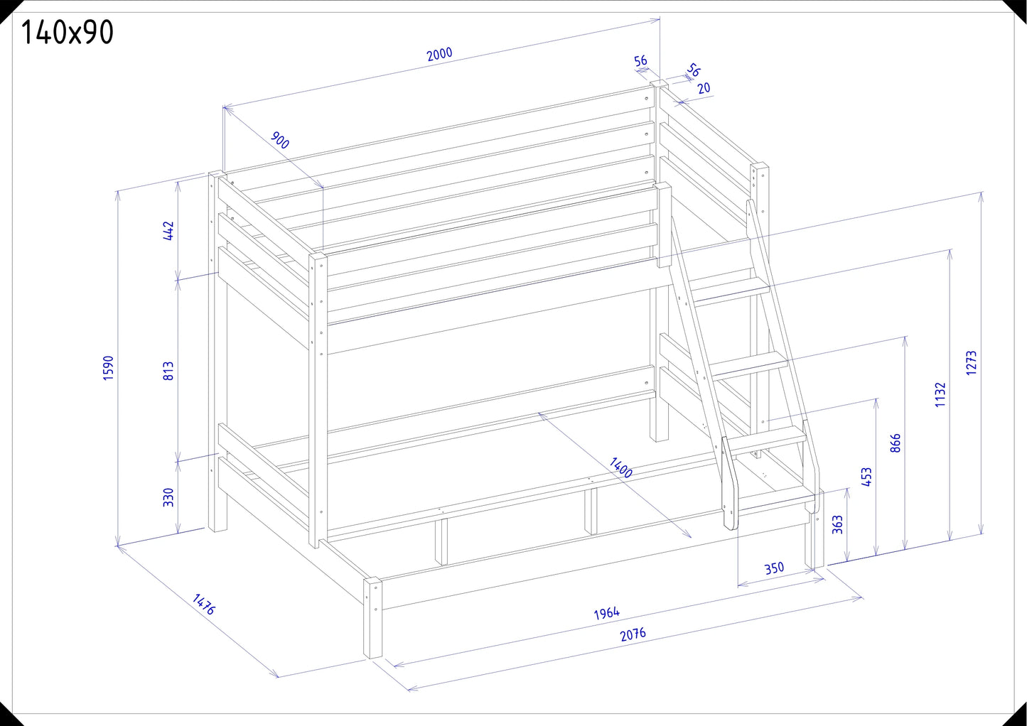 Houten stapelbed HANNES voor 3 personen, 90x200 cm & 140x200 cm, diverse kleuren