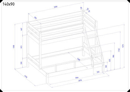 Houten stapelbed HANNES voor 3 personen, 90x200 cm & 140x200 cm, diverse kleuren