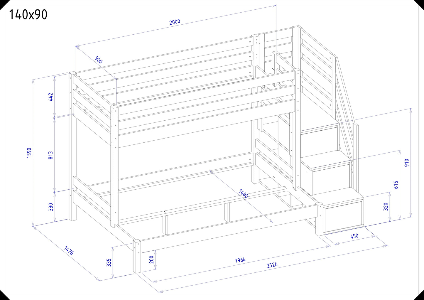 Wooden Bunk Bed HANNES for 3 People with Step Shelf, 90x200 cm & 140x200 cm, various colors