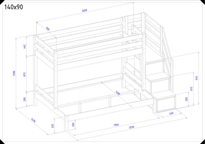 Houten stapelbed HANNES voor 3 personen met trappenrek, 90x200 cm & 140x200 cm, diverse kleuren