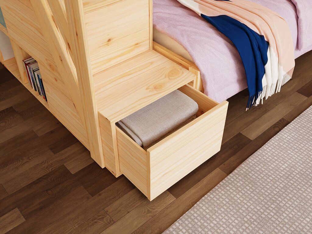 Holz Etagenbett HANNES für 3 Personen mit Stufenregal, versch. Farben - Detailaufnahme der Schublade.