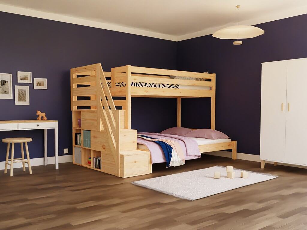 Holz Etagenbett HANNES für 3 Personen mit Stufenregal, versch. Farben im modernen Kinderzimmer.