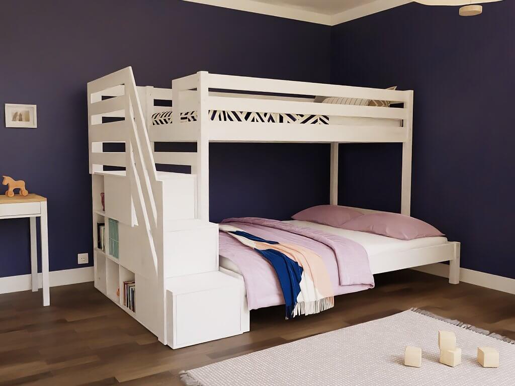 Holz Etagenbett HANNES für 3 Personen mit Stufenregal, versch. Farben in modernem Schlafzimmer.