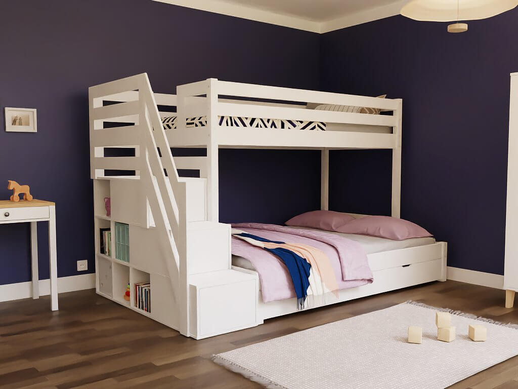 Holz Etagenbett HANNES für 3 Personen mit Stufenregal, versch. Farben in einem modernen Kinderzimmer.