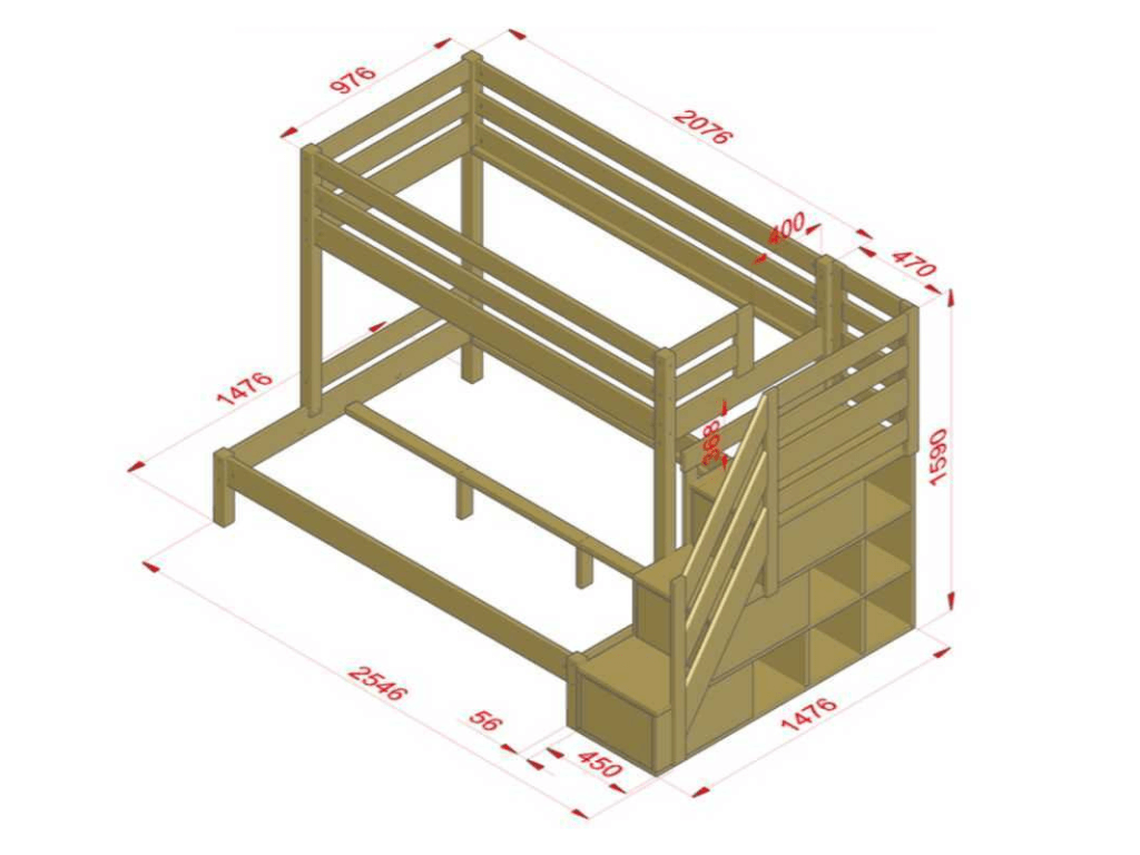 Holz Etagenbett HANNES für 3 Personen mit Stufenregal, versch. Farben – 3D-Visualisierung des Bettes.