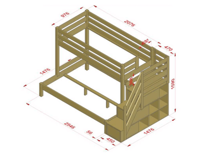 Holz Etagenbett HANNES für 3 Personen mit Stufenregal, versch. Farben – 3D-Visualisierung des Bettes.