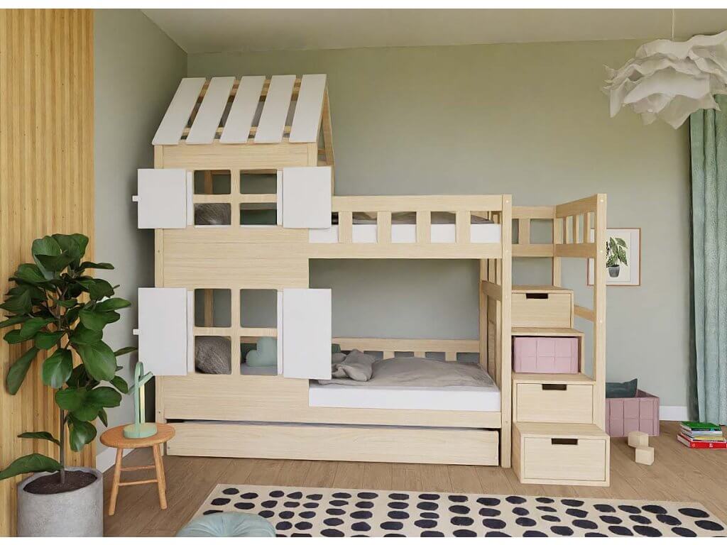 Holz Etagenbett HOLIDAY mit kurzem Dach 90x200 cm, versch. Farben in einem stilvollen Kinderzimmer.