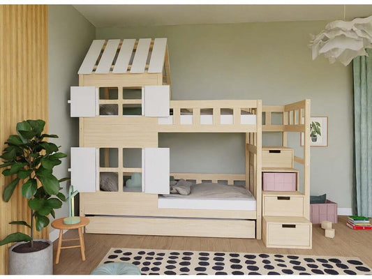 Holz Etagenbett HOLIDAY mit kurzem Dach 90x200 cm, versch. Farben in einem stilvollen Kinderzimmer.