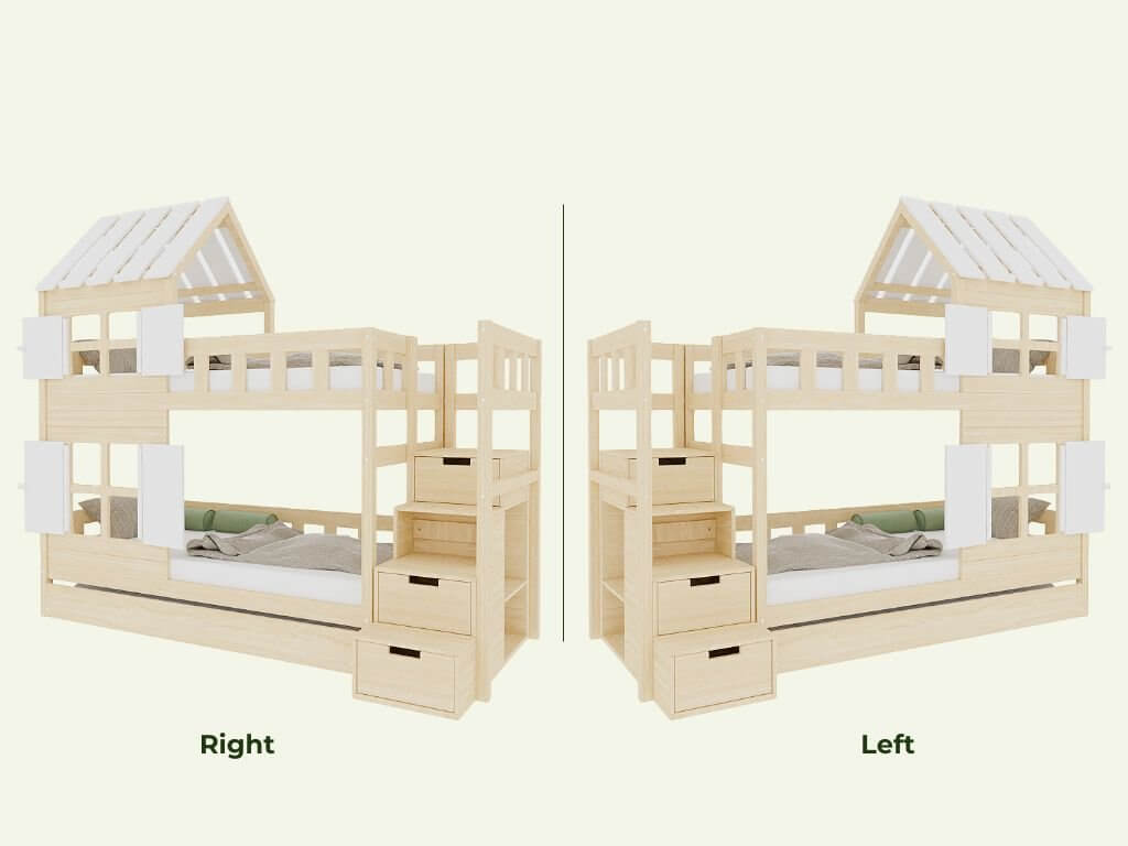 Holz Etagenbett HOLIDAY mit kurzem Dach 90x200 cm, versch. Farben – Ansicht von links und rechts