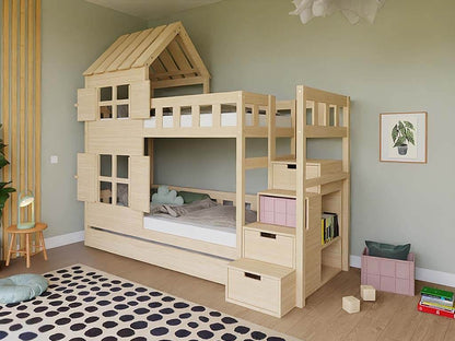 Holz Etagenbett HOLIDAY mit kurzem Dach 90x200 cm, versch. Farben in einem modernen Kinderzimmer.