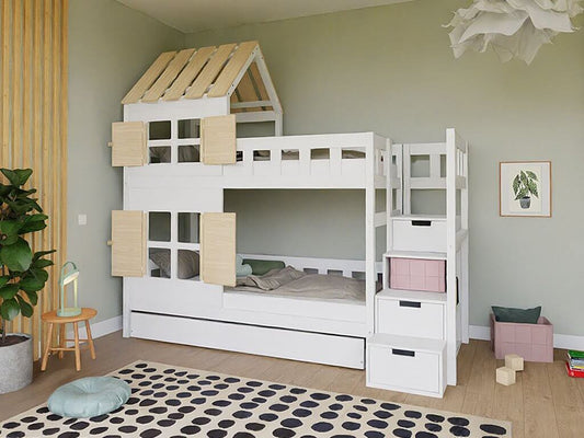 Holz Etagenbett HOLIDAY mit kurzem Dach 90x200 cm, versch. Farben im modernen Kinderzimmer.